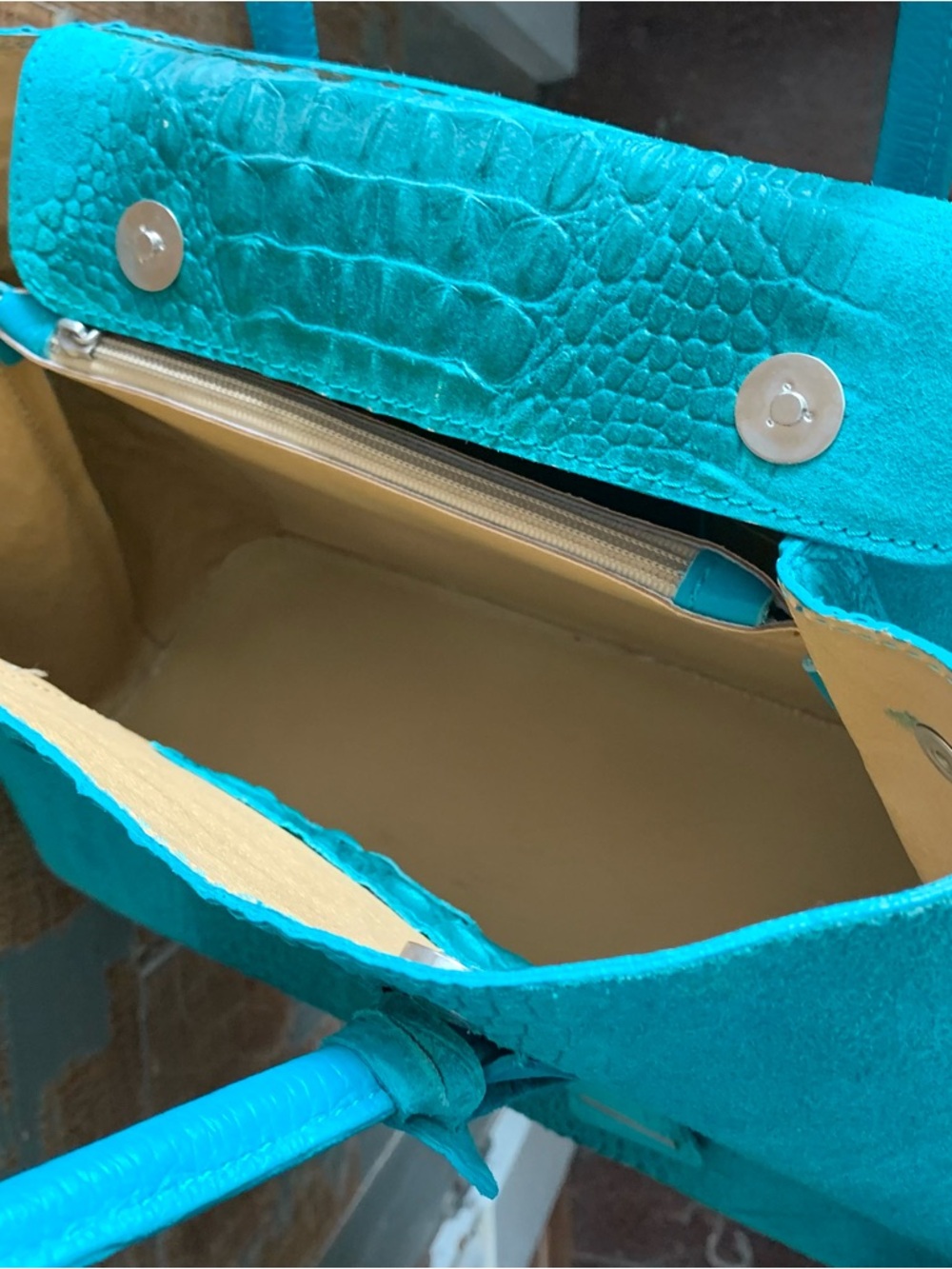 Mila Blu Italian Croc Embossed Leather Satchel Shoulder Bag Turquoise Teal blue - Picture 11 of 14